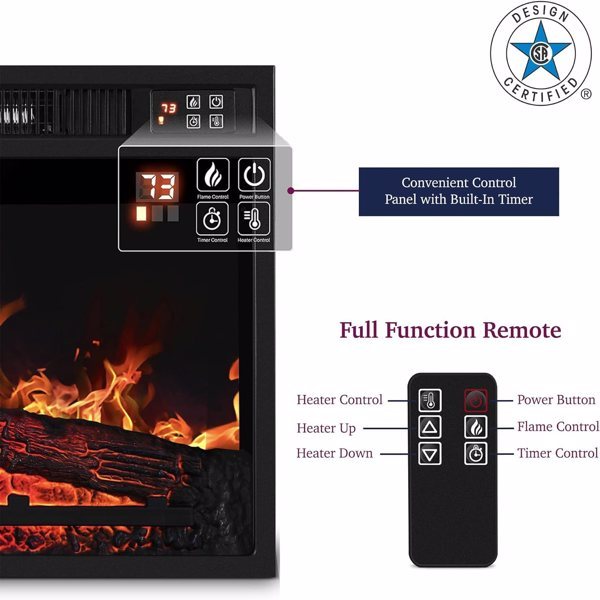 23″ 3D Infrared Electric Fireplace, Black Iron Stove, Remote Control, 1400W, Indoor Use
