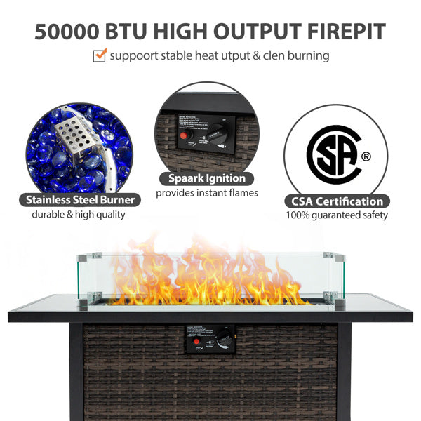 44″ Outdoor Propane Fire Pit Table, 50,000 BTU, With Glass Guard & Lid, Willow Base for Patio