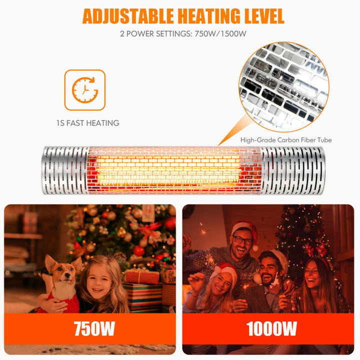 1500W Far Infrared Wall-Mounted Electric Heater, Silver Finish, Indoor Outdoor