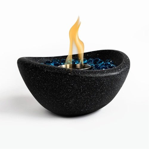 Portable Tabletop Ethanol Fire Pit, Concrete Mini Fireplace, Indoor & Outdoor Use, Black with Blue Glass Beads - UFOHEATERS