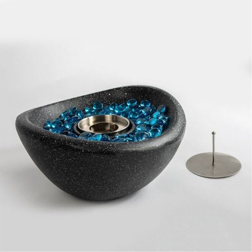 Portable Tabletop Ethanol Fire Pit, Concrete Mini Fireplace, Indoor & Outdoor Use, Black with Blue Glass Beads - UFOHEATERS