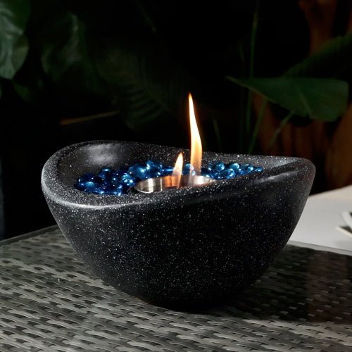 Portable Tabletop Ethanol Fire Pit, Concrete Mini Fireplace, Indoor & Outdoor Use, Black with Blue Glass Beads - UFOHEATERS