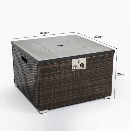 Square Gas Fire Pit Table, Dark Brown Wicker, Outdoor Propane Heater - UFOHEATERS