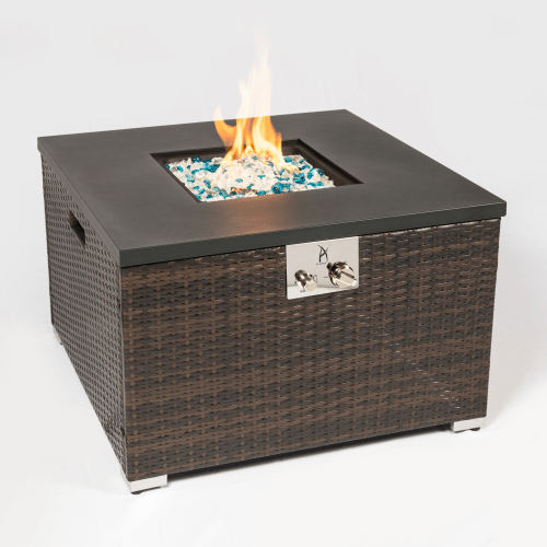 Square Gas Fire Pit Table, Dark Brown Wicker, Outdoor Propane Heater - UFOHEATERS